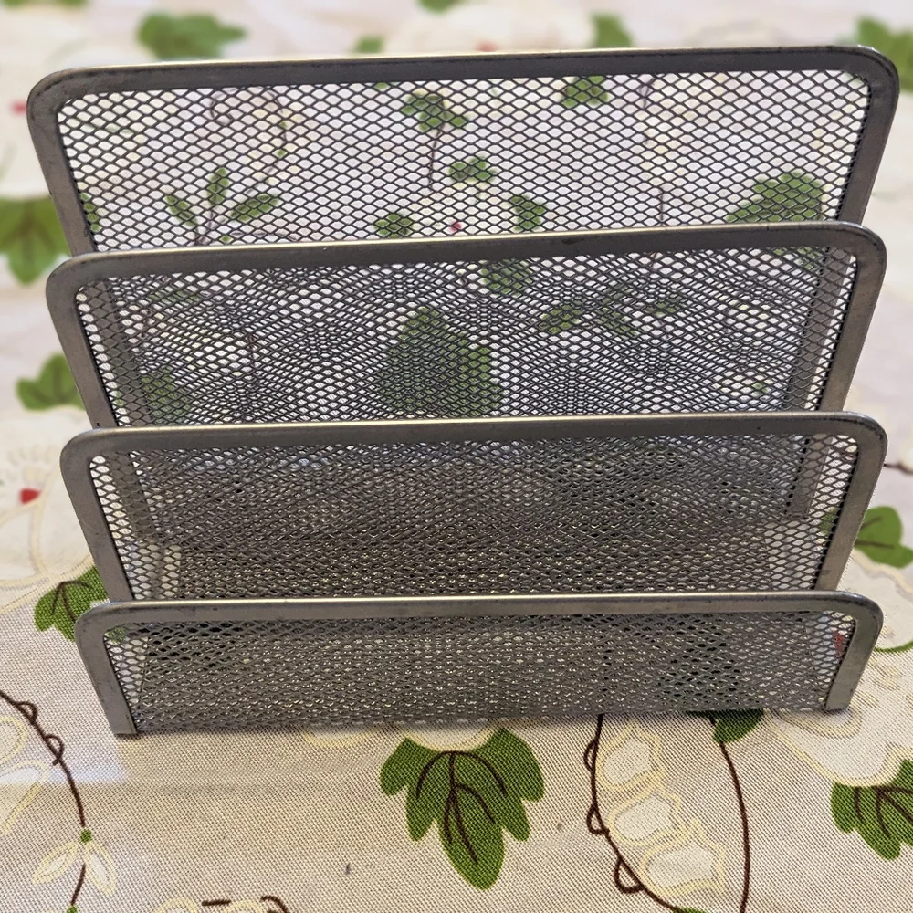 Modern silver wire desk set paper sorter and pencil holder/scissors etc.